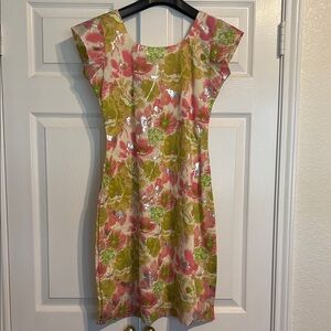 Shimmer Floral Cap-Sleeve Mini Dress in Pink and Green